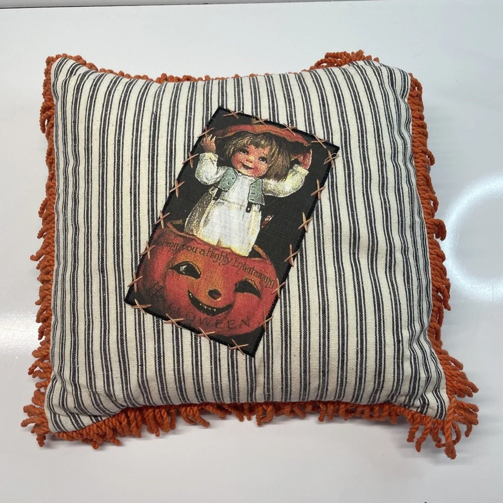 Vintage‎ Halloween Pillow Handmade Baby in Pumpkin Orange Fringe 14